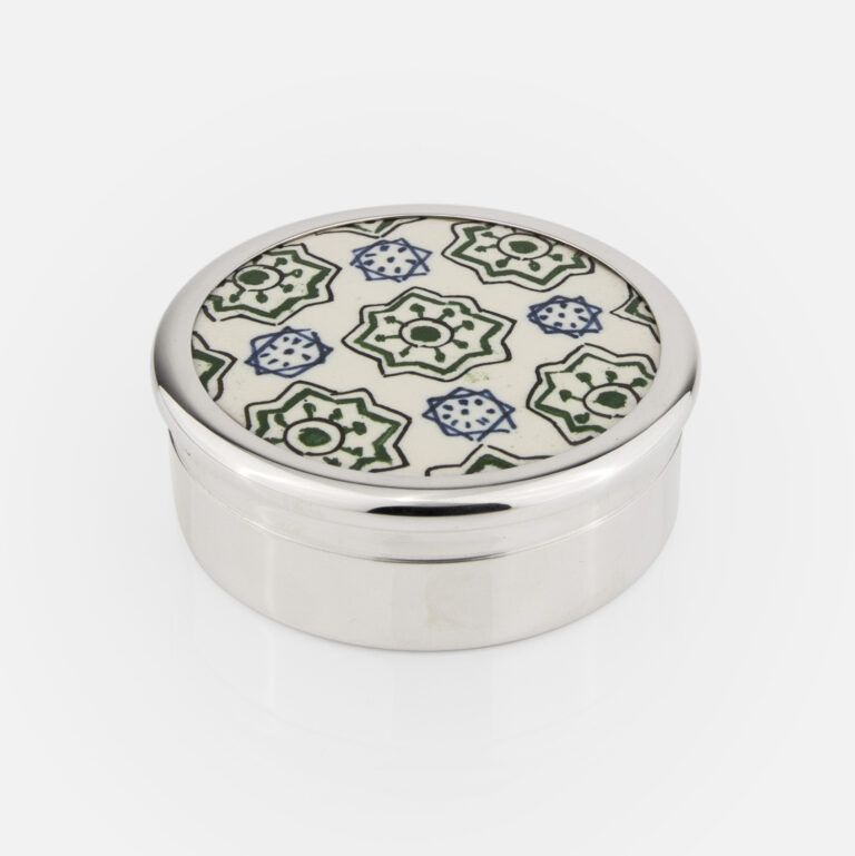 Salva redonda em prata com azulejo Português padrão Santa Catarina da Leitão & Irmão