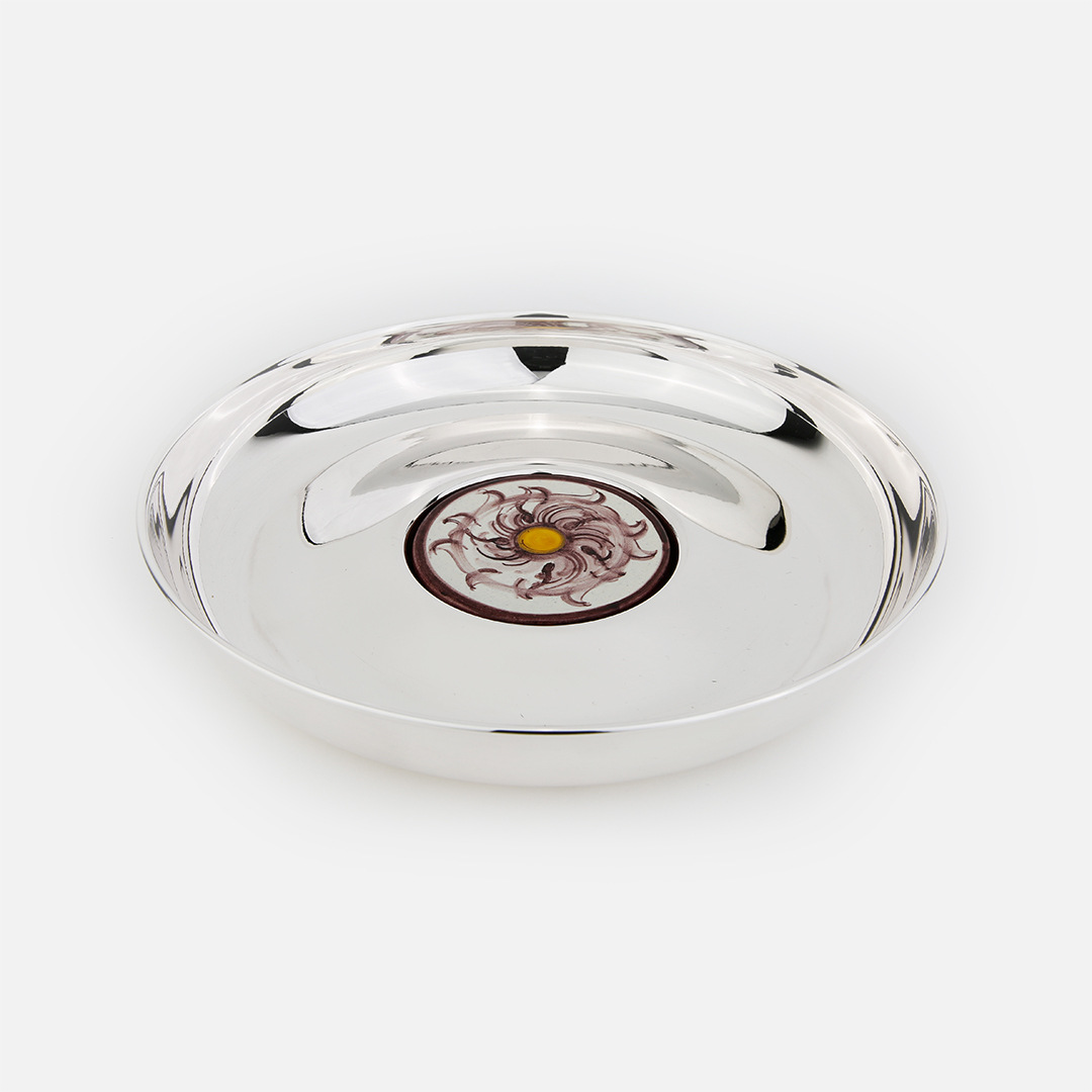 Salva redonda em prata e azulejo português Desenho florão magenta da Leitão e Irmão