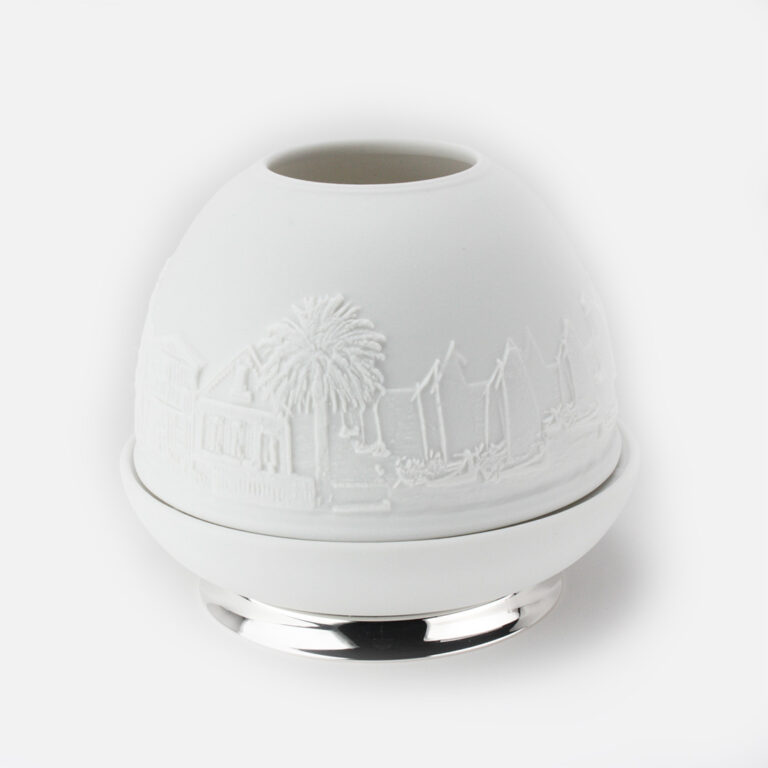 Porta velas em porcelana biscuit e prata motivo Costa Nova da Leitão & Irmão