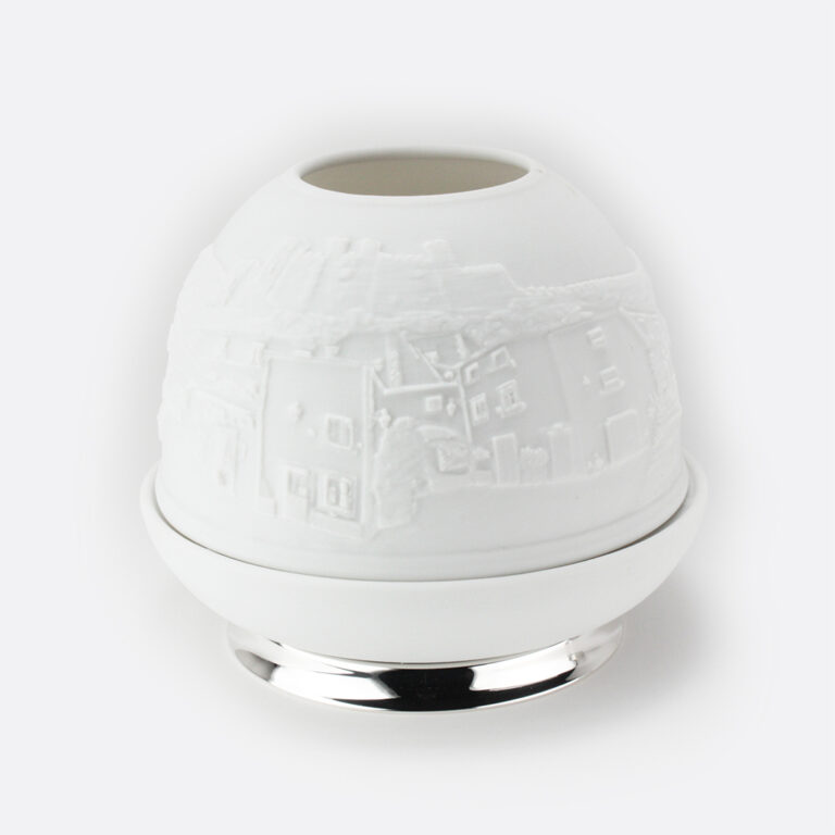 Porta velas em porcelana biscuit e prata motivo Óbidos da Leitão & Irmão