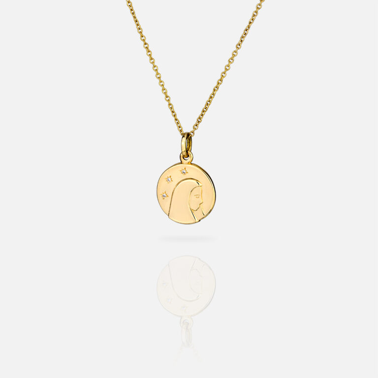 charm Medalha da luz com fio Nossa Senhora de Fátima em ouro e diamantes da Leitão & Irmão